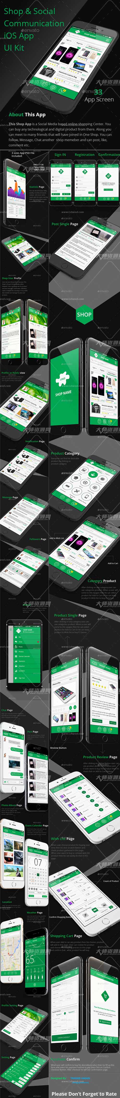 Shop & Social iOS App UI Kit,UI设计－手机商城类程序全套模板